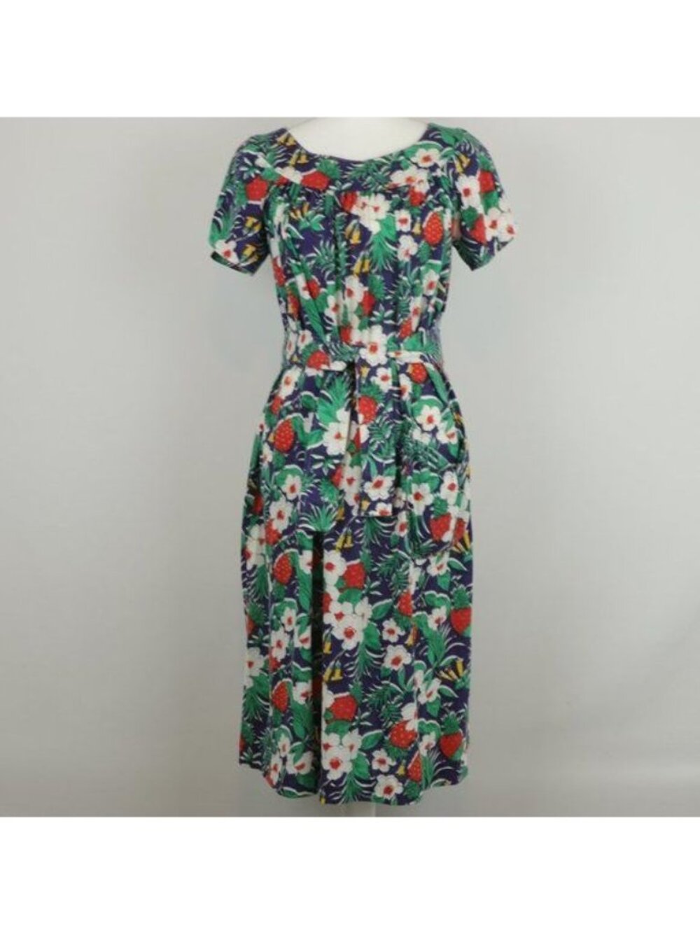Women's Vintage Handmade Medium Blue & Green Floral Knit Belted Midi Dress